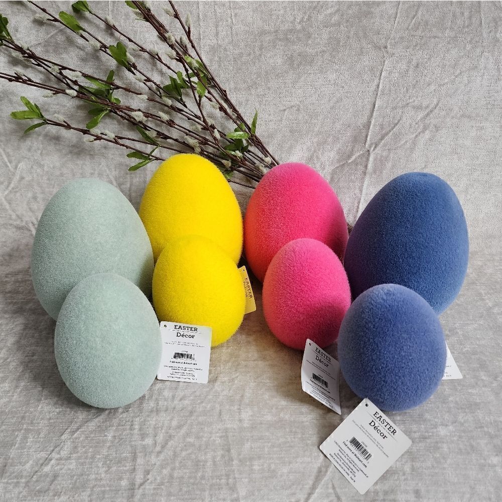 New Lot of 8 Easter Spring Jumbo Flocked Decorative Eggs, Size 6" and 8"